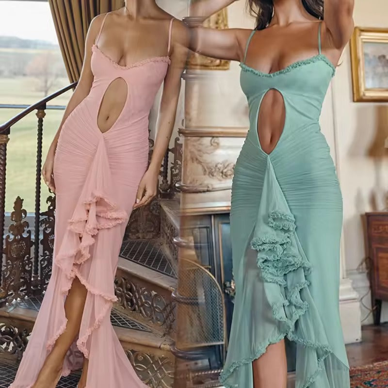 Women's clothes lady temperament sexy dresses high-end design with hollowed out solid color slit irregular suspender women dress