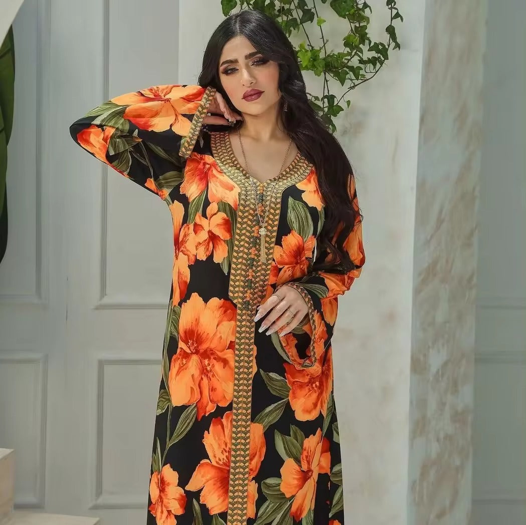 Muslim Moroccan kaftan Hijab Women's Abaya Dress Diamond Print Ramadan Islamic Djellaba Eid Prom Kimono Evening Dress
