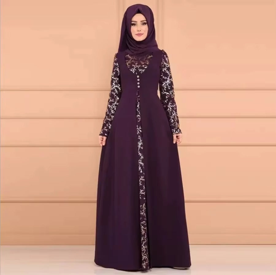 Woman Elegant Floral Pattern Turkish Abaya Dubai Pakistan Turkey Robe Muslim Dress Islamic Clothing Ladies Kaftan Maxi Dress
