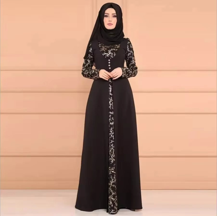 Woman Elegant Floral Pattern Turkish Abaya Dubai Pakistan Turkey Robe Muslim Dress Islamic Clothing Ladies Kaftan Maxi Dress