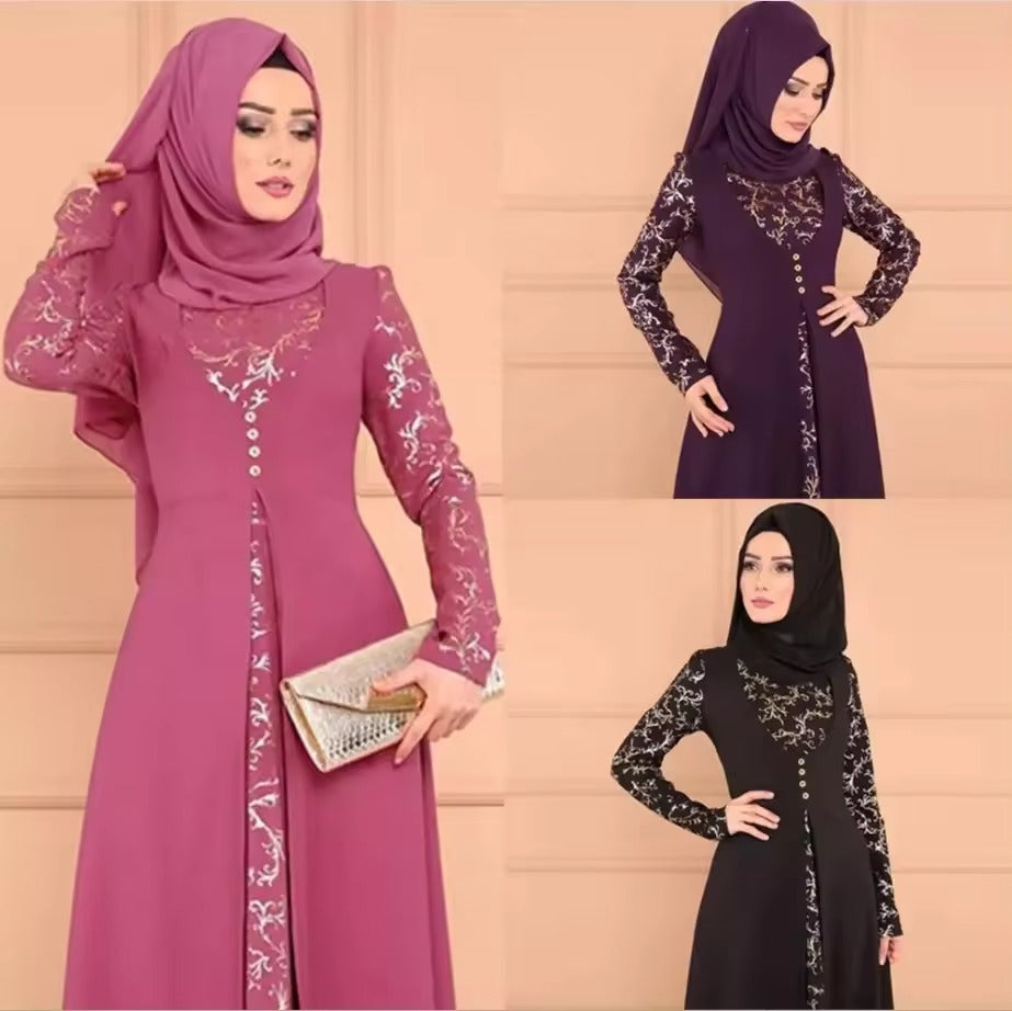 Woman Elegant Floral Pattern Turkish Abaya Dubai Pakistan Turkey Robe Muslim Dress Islamic Clothing Ladies Kaftan Maxi Dress