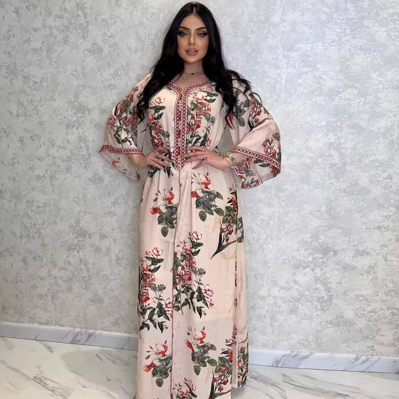 Fashion Floral Print Muslim Maxi Dress Women Dubai Abaya Arabic Turkey Eid Ramadan Kaftan Islamic Clothing Evening Gown Robe