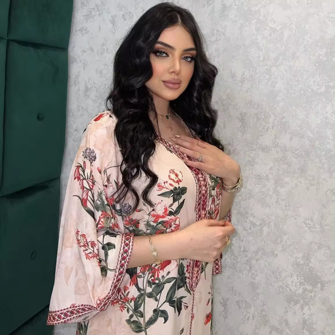 Fashion Floral Print Muslim Maxi Dress Women Dubai Abaya Arabic Turkey Eid Ramadan Kaftan Islamic Clothing Evening Gown Robe