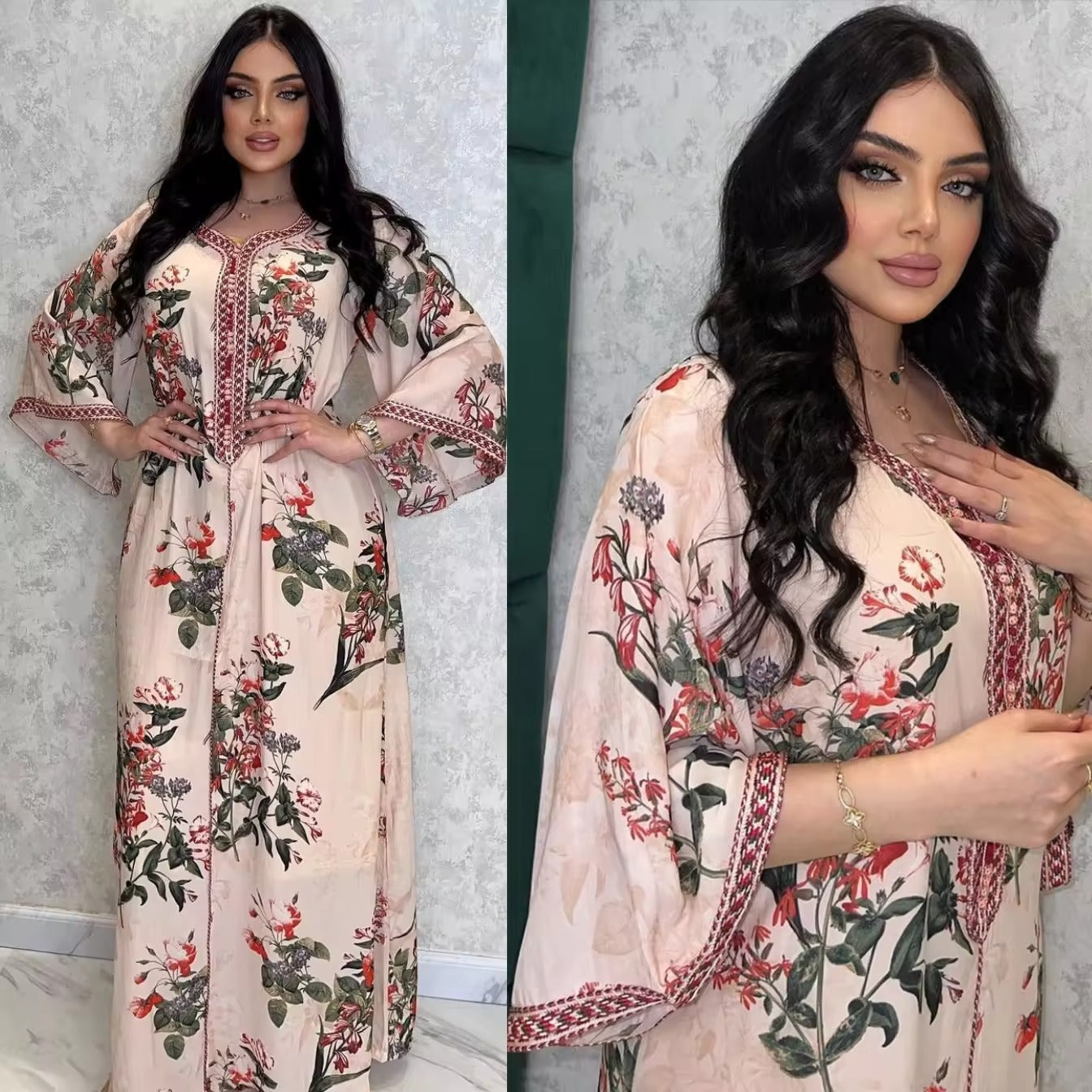 Fashion Floral Print Muslim Maxi Dress Women Dubai Abaya Arabic Turkey Eid Ramadan Kaftan Islamic Clothing Evening Gown Robe