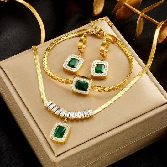 Classic Style Emerald Square Zircon Pendant Necklace Earring & Bracelet Set Gold Plated Stainless Steel for Parties or Gifts
