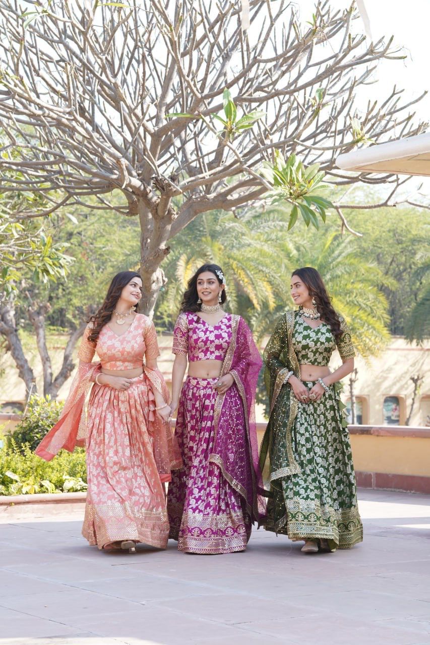 Designer Dyeable Pure Viscose Jacquard Lehenga Choli & Dupatta Set