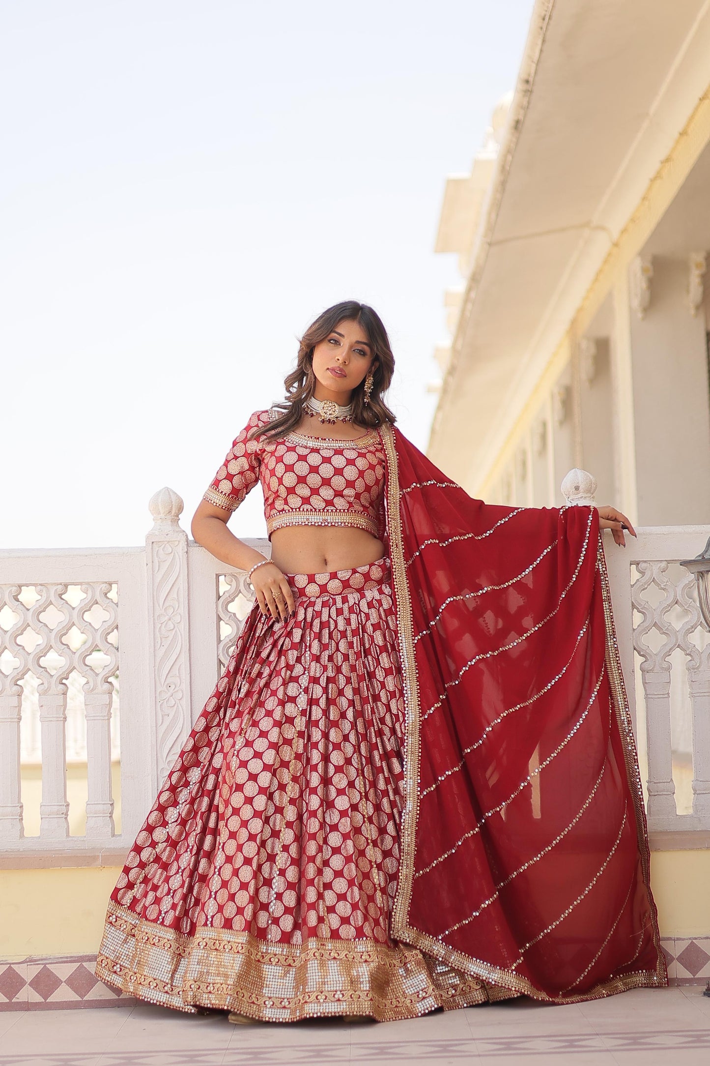 Designer Dyeable Pure Viscose Jacquard fabric Lehenga Choli & Dupatta Set With Sequins Embroidered Work. This Attractive Party Wear Silk Lehenga choli has a Regular-fit and is Made From High-Grade Fabrics And Yarn