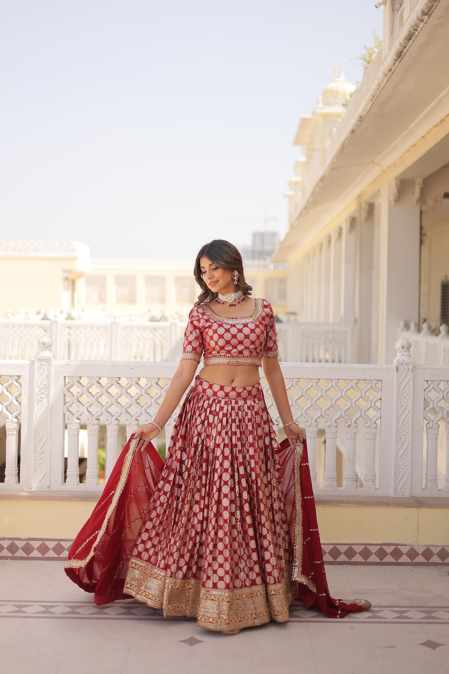 Designer Dyeable Pure Viscose Jacquard fabric Lehenga Choli & Dupatta Set With Sequins Embroidered Work. This Attractive Party Wear Silk Lehenga choli has a Regular-fit and is Made From High-Grade Fabrics And Yarn