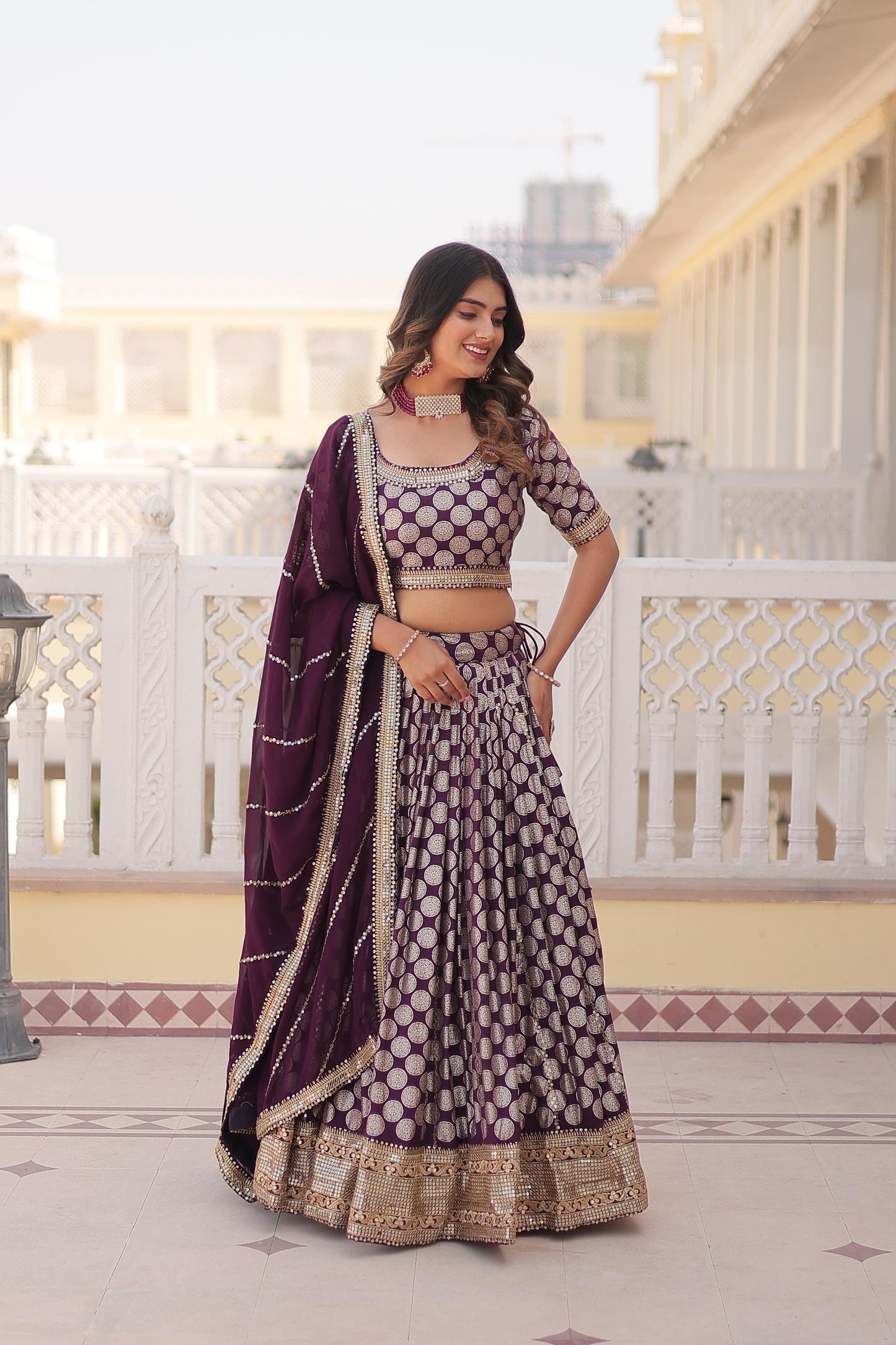 Designer Dyeable Pure Viscose Jacquard fabric Lehenga Choli & Dupatta Set With Sequins Embroidered Work. This Attractive Party Wear Silk Lehenga choli has a Regular-fit and is Made From High-Grade Fabrics And Yarn