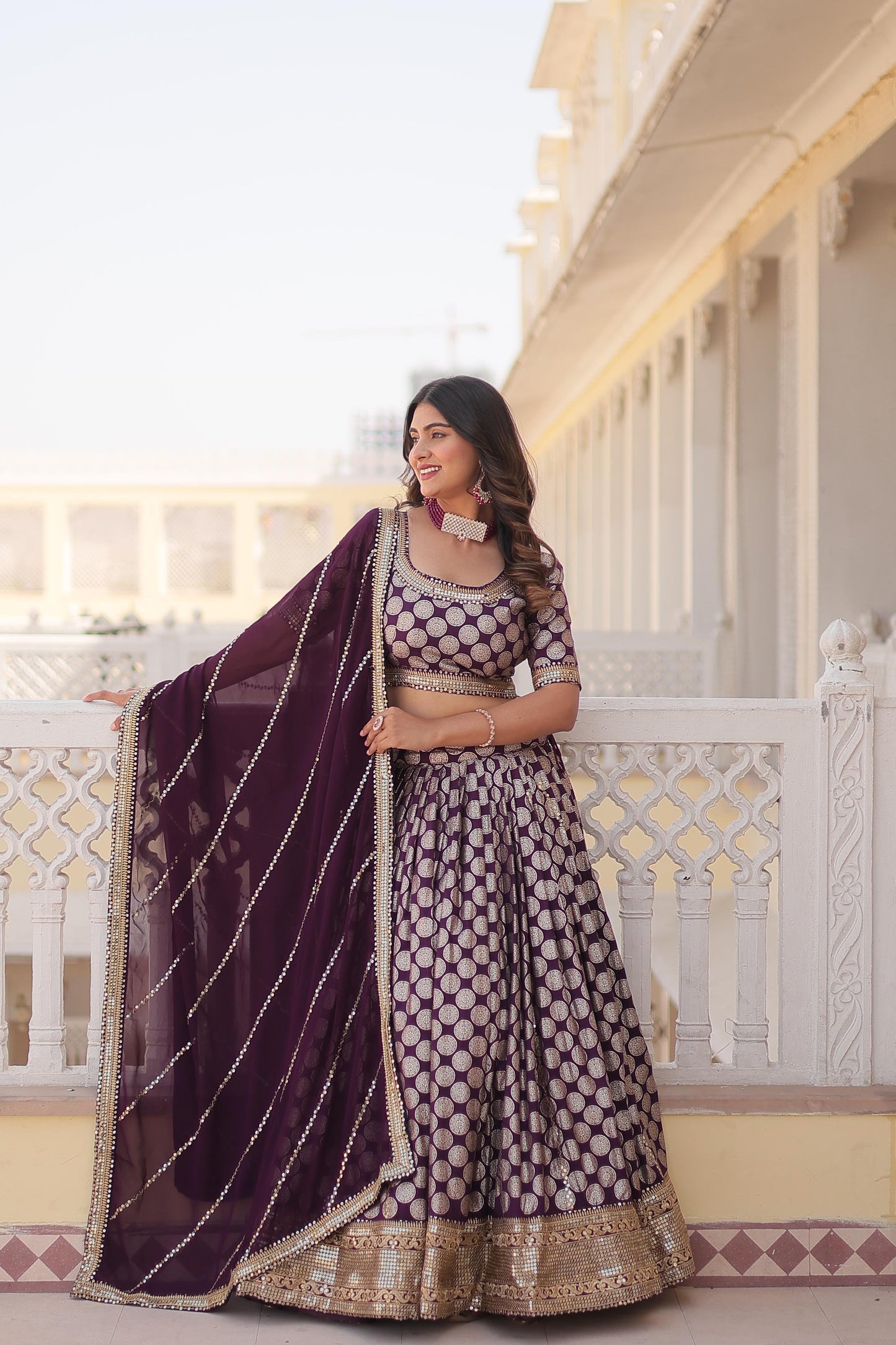 Designer Dyeable Pure Viscose Jacquard fabric Lehenga Choli & Dupatta Set With Sequins Embroidered Work. This Attractive Party Wear Silk Lehenga choli has a Regular-fit and is Made From High-Grade Fabrics And Yarn