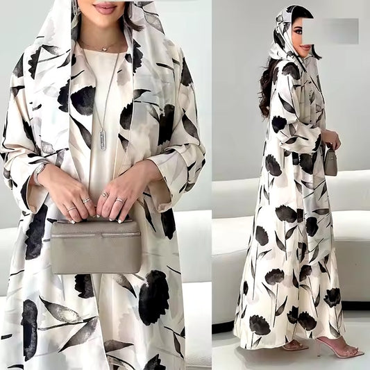 Floral Print Cardigan Maxi Dress Turkey Arabic Robe Kaftan Islamic Kimono Caftan Dubai Femme Women Muslim Open Abaya