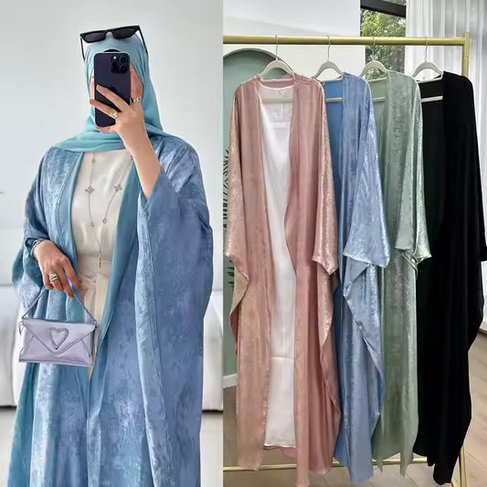 Shiny Batwing Satin Open Kimono Abaya Dubai Luxury 2025 Muslim Abayas For Women Kaftan Dress Islamic Clothing