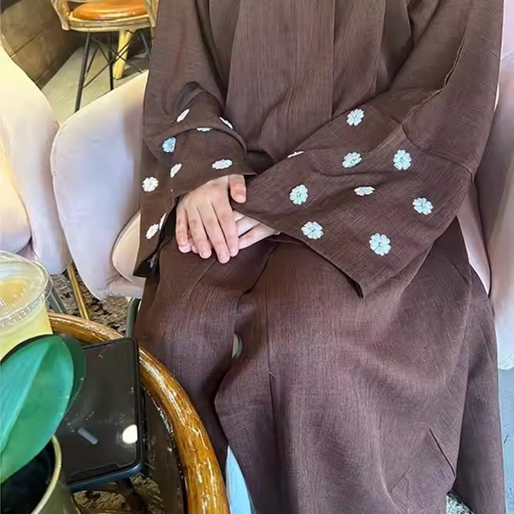 Floral Embroidery Linen Open Abaya Kimono Muslim Saudi Abayas for Women Dubai Luxury Turkey Kaftan Hijab Dress Islamic Clothing