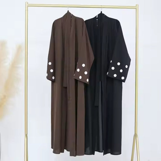 Floral Embroidery Linen Open Abaya Kimono Muslim Saudi Abayas for Women Dubai Luxury Turkey Kaftan Hijab Dress Islamic Clothing