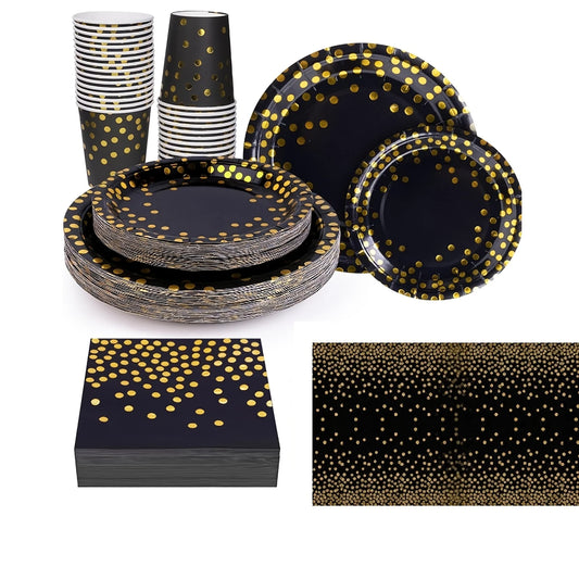 Elegant 51-Piece for Any Celebration, Gold Dot Black Paper Plate, Black Napkin Cup Suitable for New Year, Graduation, Birthday, Wedding Anniversary, Bride's Gift Ceremony, Engagement Birthday Party