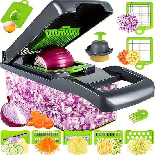 Complete Kitchen Set 16 in 1 Manual Vegetable Chopper | 1 Set with 8 Blades, Container, Peeler And Strainer for Easy Meal Preparation, Professional Onion, Carrot And Garlic Slicer, Kitchen Supplies