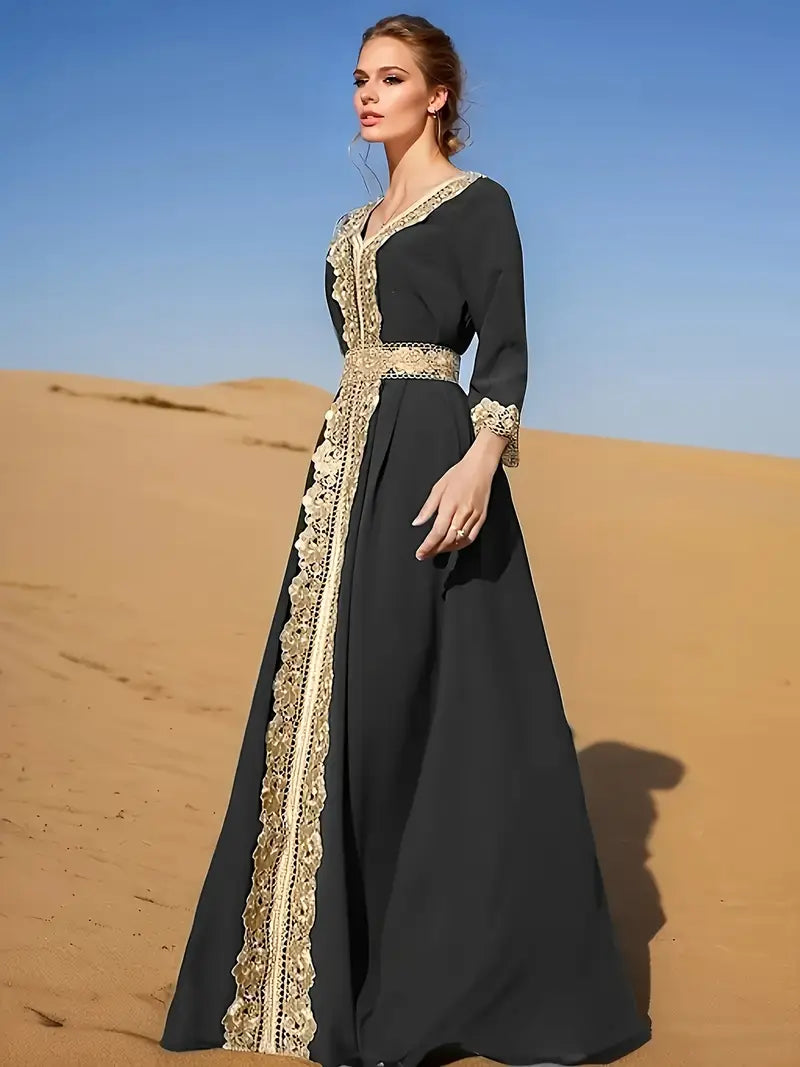 Elegant Lace Trim V-neck Kaftan Dress for Women
