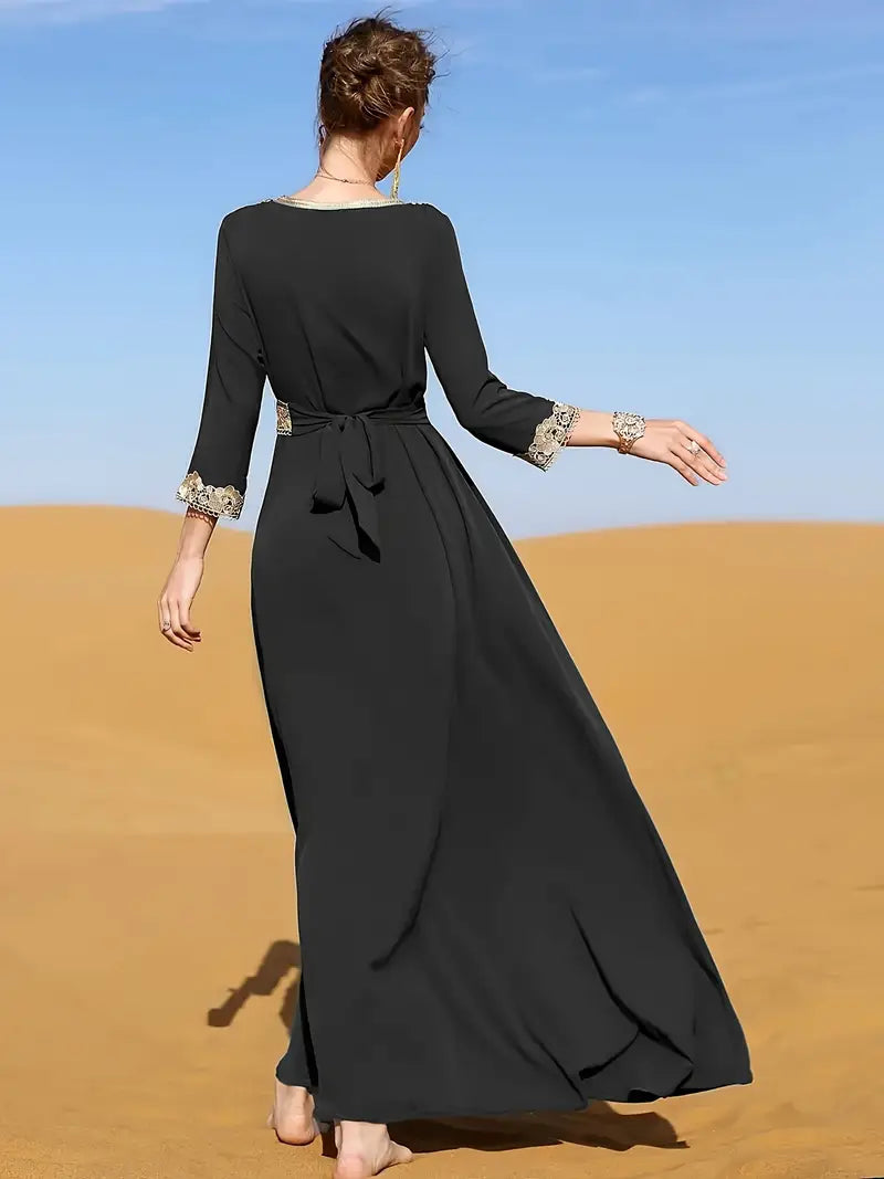 Elegant Lace Trim V-neck Kaftan Dress for Women
