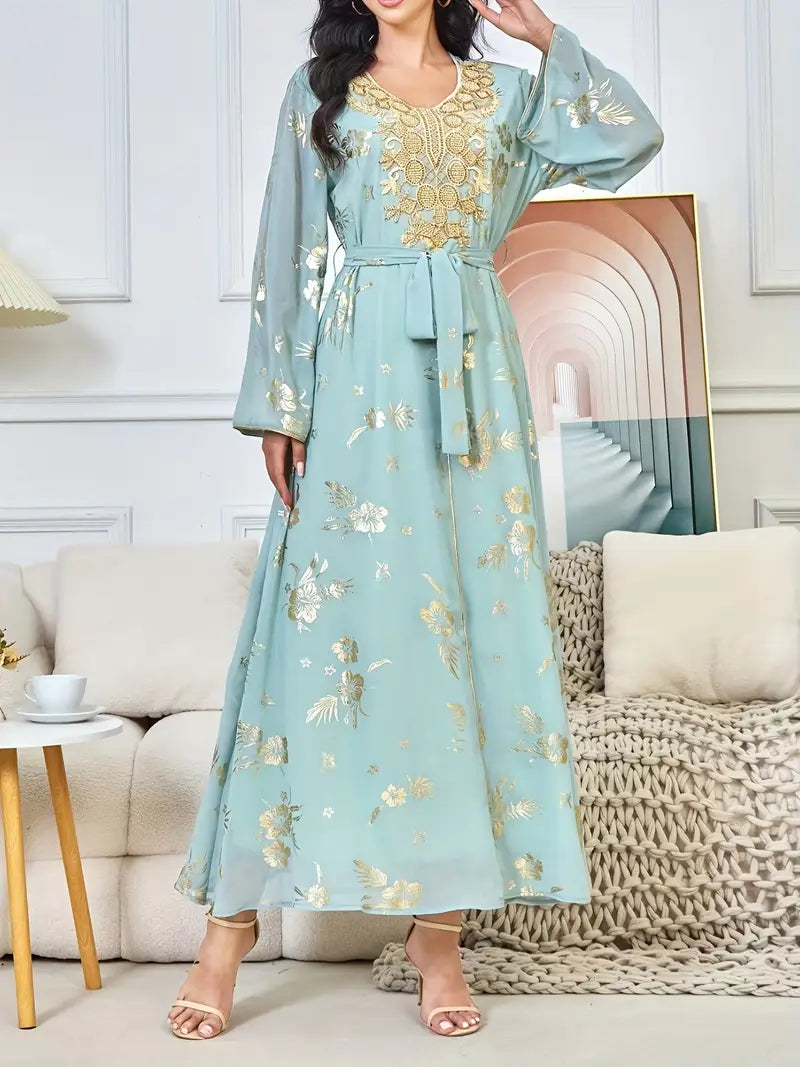 Beautiful Polyester Kaftan Dress with Long Sleeves and Beaded Detail