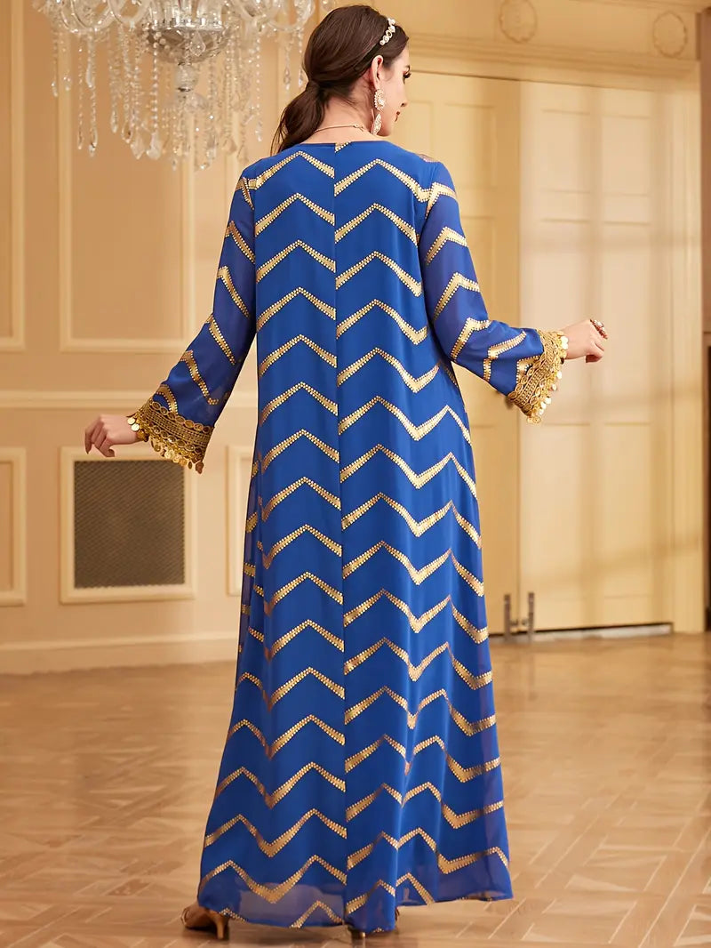 Comfortable Non-Stretch Fabric Dress with Long Sleeves and Tassels
