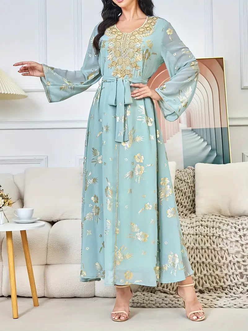 Beautiful Polyester Kaftan Dress with Long Sleeves and Beaded Detail