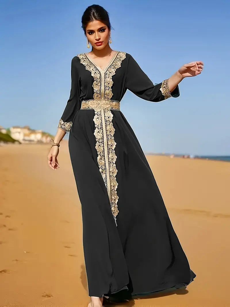 Elegant Lace Trim V-neck Kaftan Dress for Women