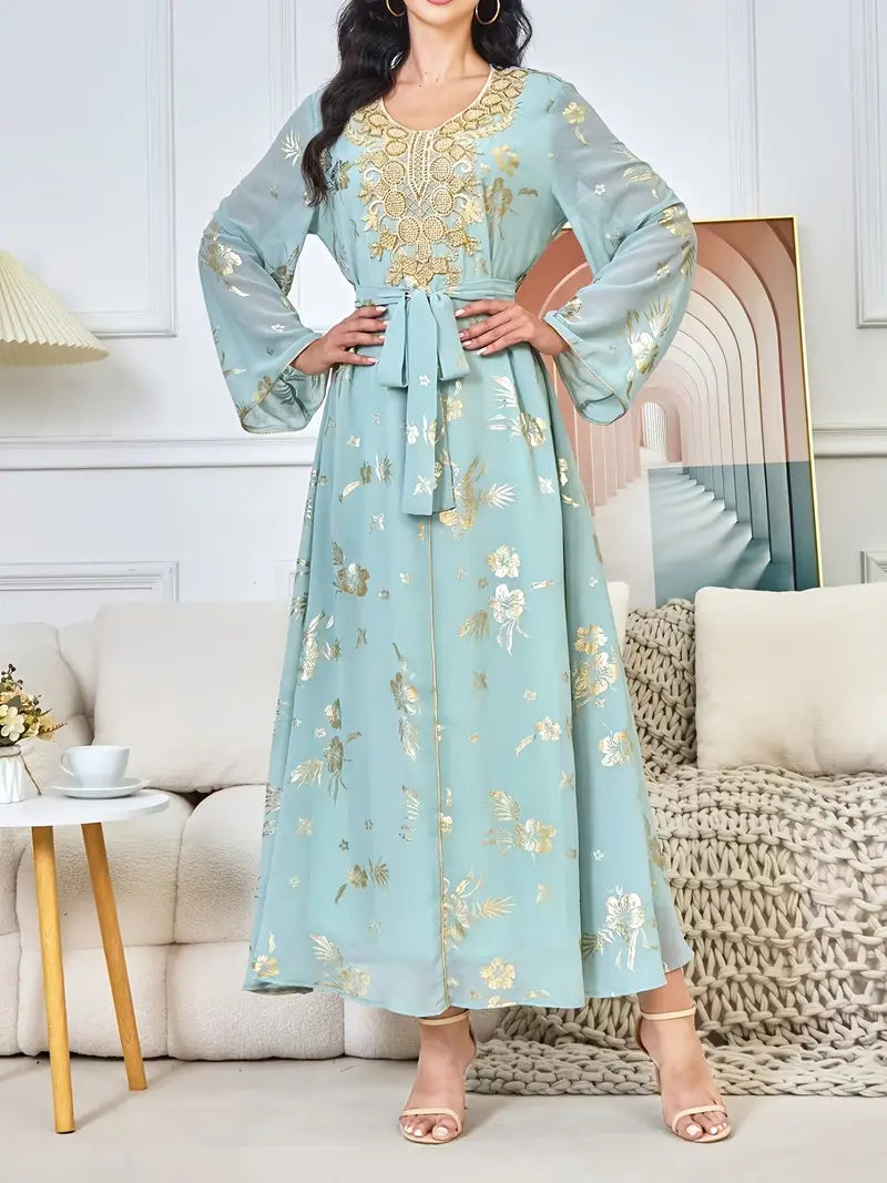 Beautiful Polyester Kaftan Dress with Long Sleeves and Beaded Detail