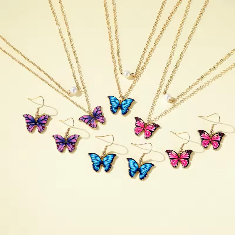 Fashion Gold Plated Jewelry Sets Cute Colorful Enamel Pearl Butterfly Pendent Necklaces and Earring Set