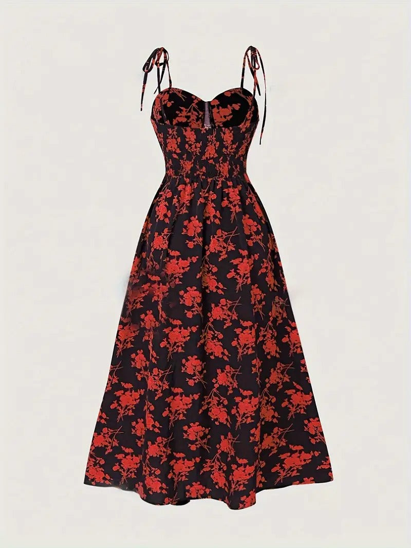 Floral Print Tie Shoulder Cami Dress, Elegant Sweetheart Neck Sleeveless Dress, Women's Clothing