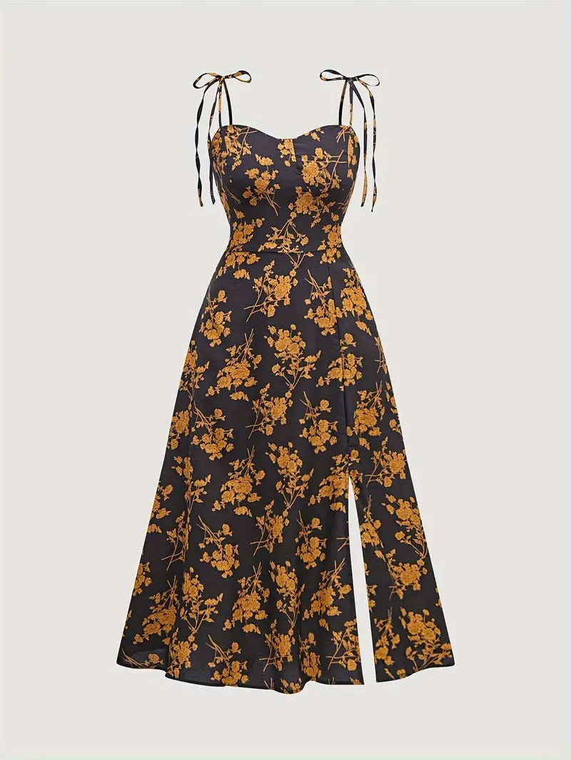 Floral Print Tie Shoulder Cami Dress, Elegant Sweetheart Neck Sleeveless Dress, Women's Clothing