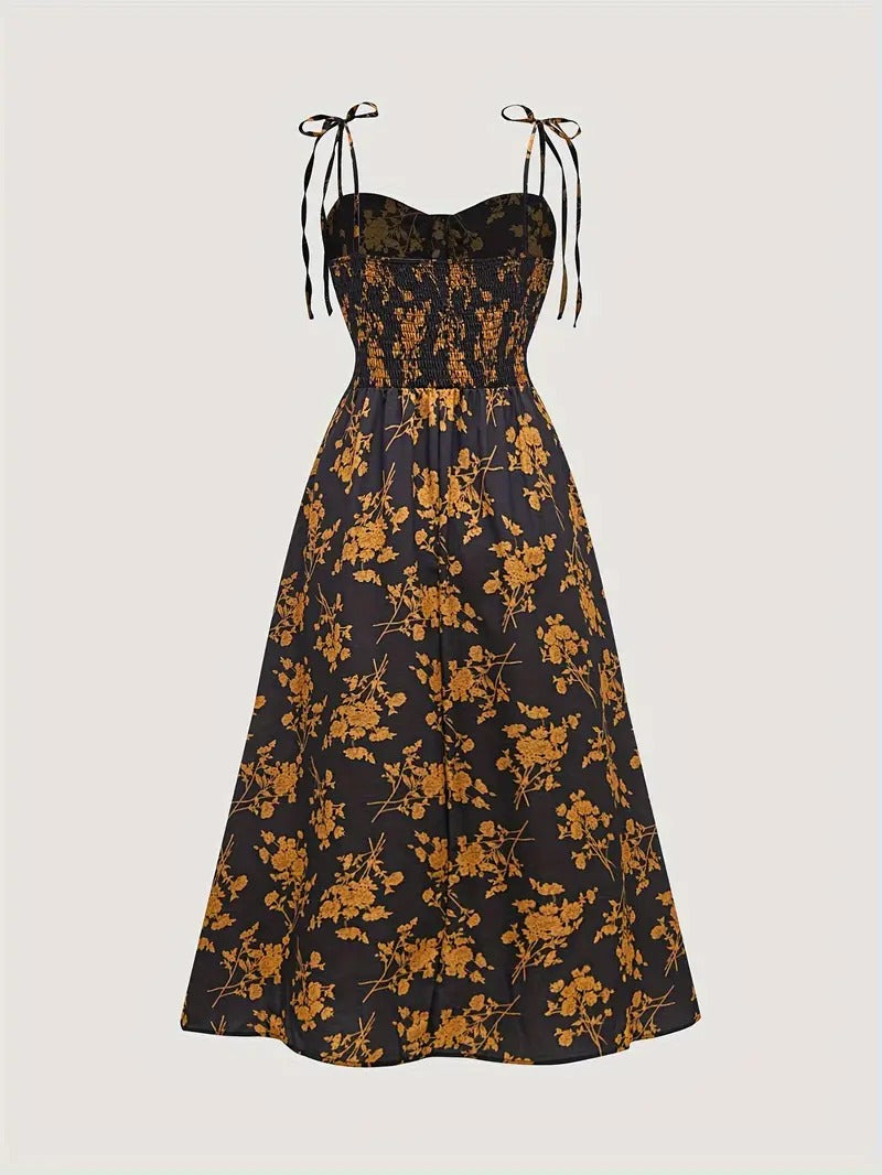 Floral Print Tie Shoulder Cami Dress, Elegant Sweetheart Neck Sleeveless Dress, Women's Clothing