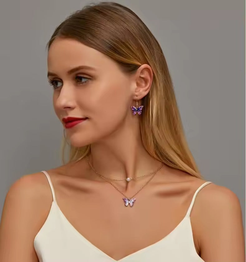 Fashion Gold Plated Jewelry Sets Cute Colorful Enamel Pearl Butterfly Pendent Necklaces and Earring Set
