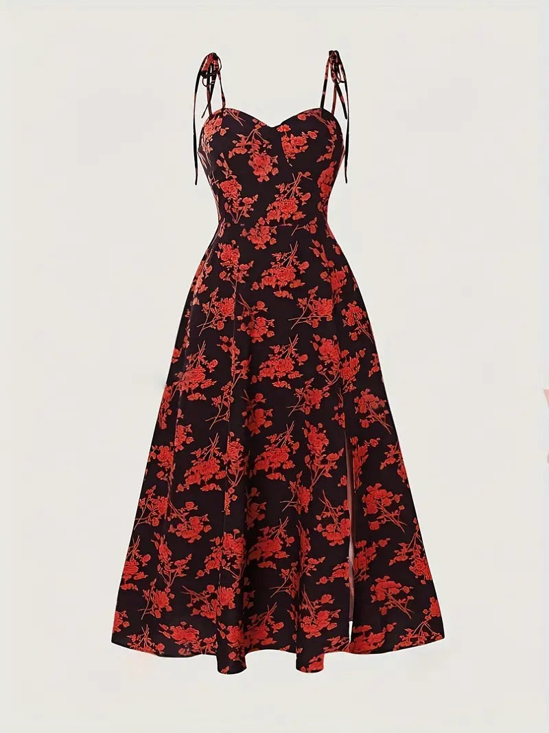 Floral Print Tie Shoulder Cami Dress, Elegant Sweetheart Neck Sleeveless Dress, Women's Clothing