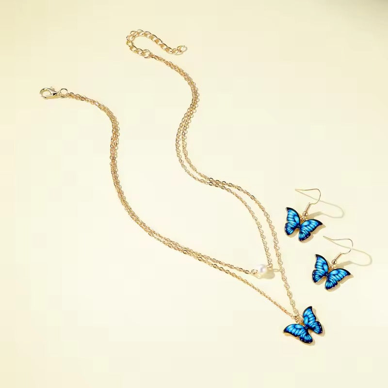Fashion Gold Plated Jewelry Sets Cute Colorful Enamel Pearl Butterfly Pendent Necklaces and Earring Set