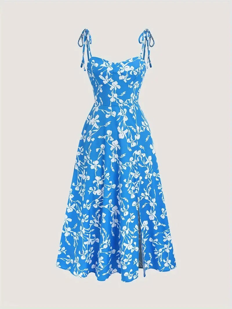 Floral Print Tie Shoulder Cami Dress, Elegant Sweetheart Neck Sleeveless Dress, Women's Clothing