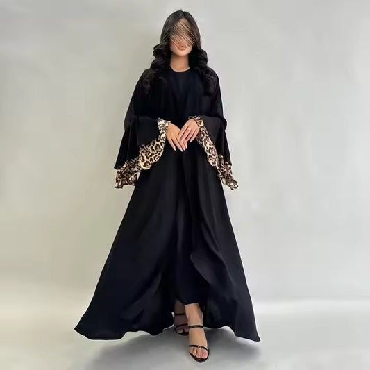 Leopard Print Cuff Cardigan Open Abaya Dress Ruffles Sleeve Modest Dress Turkey Moroccan Kaftan Dubai Abaya Islamic Clothing